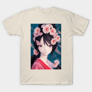 Anime geisha girl with pink flowers T-Shirt